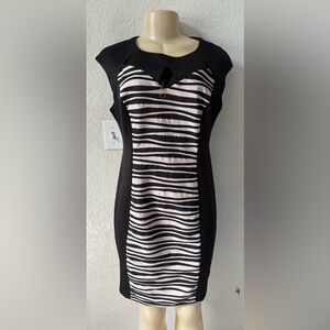 connected apparel Black and White Striped Panel Midi Dress with Side Panels